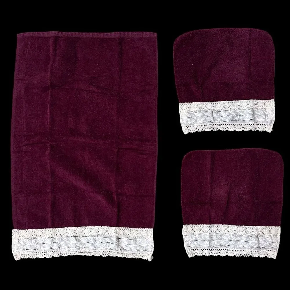 Vintage Towel Set 1990s Burgundy Lace Trim Bath Towels Hand Towel Washcloths